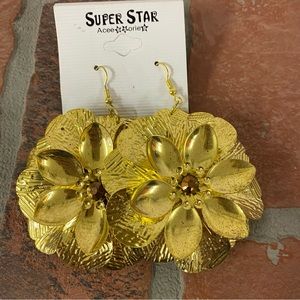 Womens Fashion Large Gold Toned Flower Statement Earrings Hook backs